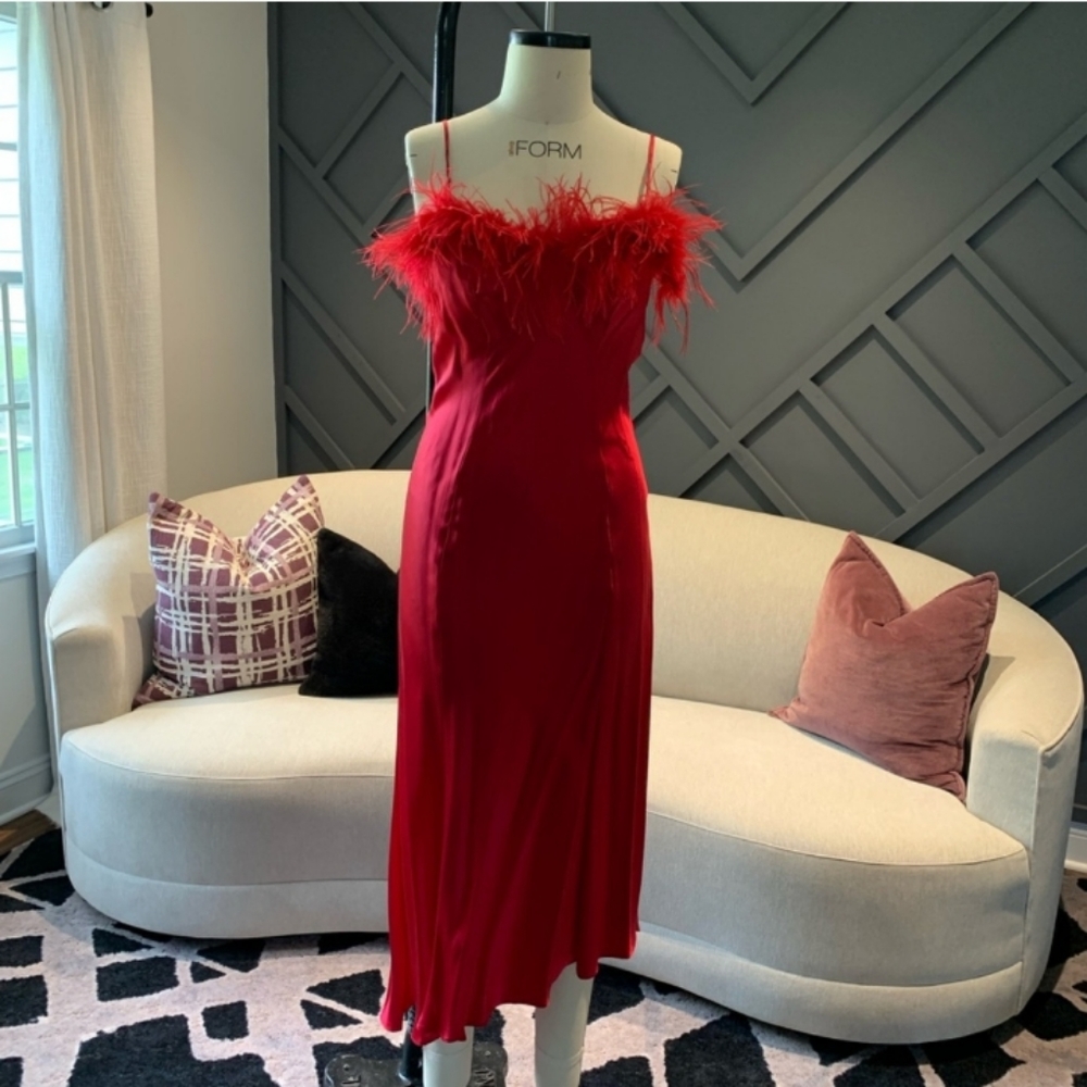 Vtg Frederick's of Hollywood/Jacalyn Bennett F SILK DRESS w feather